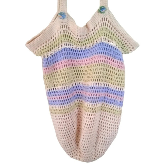 Handmade Very Cute Crochet Striped Fish Themed Beach Bag / Farmers Market Bag - Picture 2 of 6